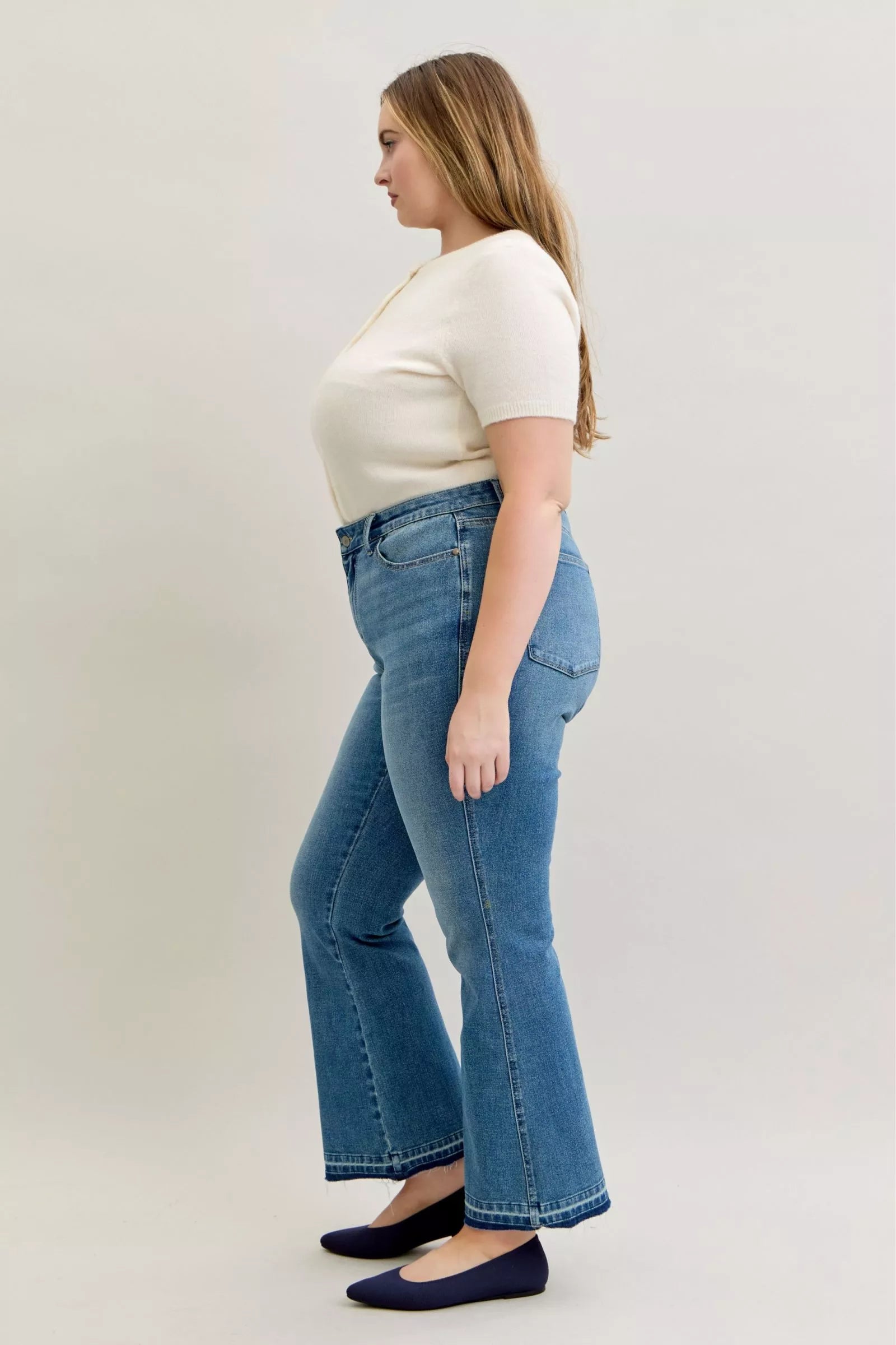 Judy Blue Plus Size Jeans Mid Rise Slim Bootcut Tummy Control Release Hem For Curvy Women