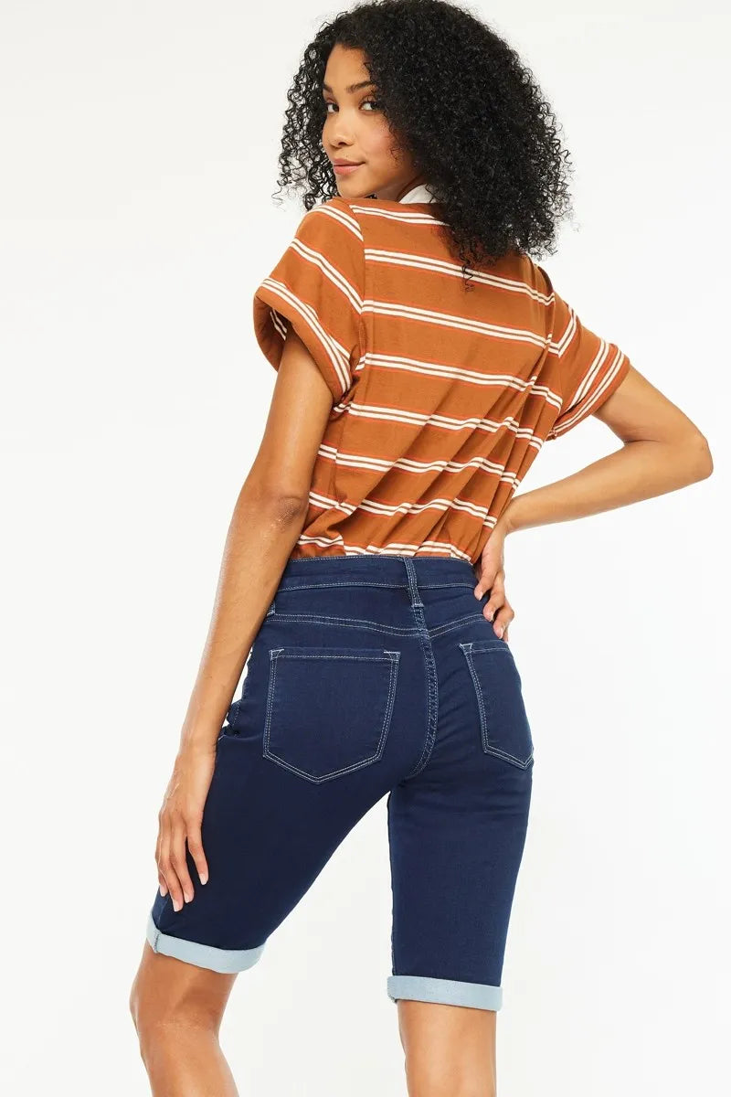 Kancan Mid Rise Bermuda Denim Shorts – Pocketed Slightly Stretchy