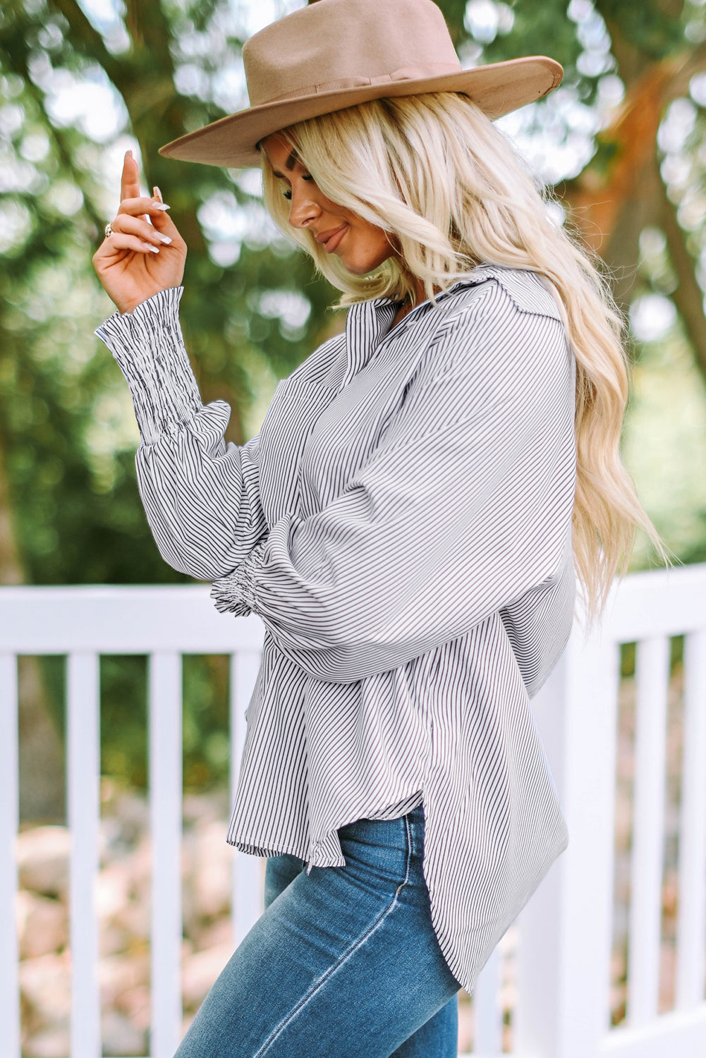 Sky Blue Smocked Cuffed Striped Boyfriend Women's Blouse with Pocket