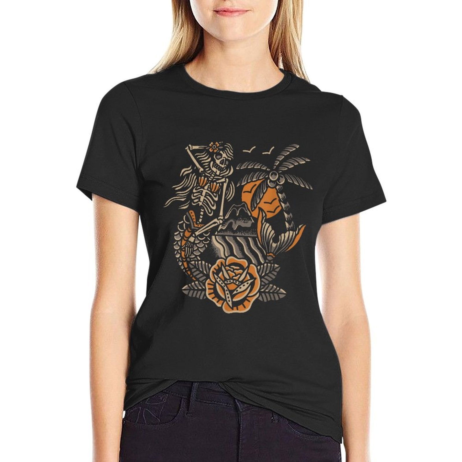 Mermaid Skeleton Traditional Tattoo Old School Tattoo Flash  Polyester Blend T-Shirt