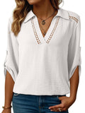 Women Johnny Collar Blouse with Cutout Details and Texture