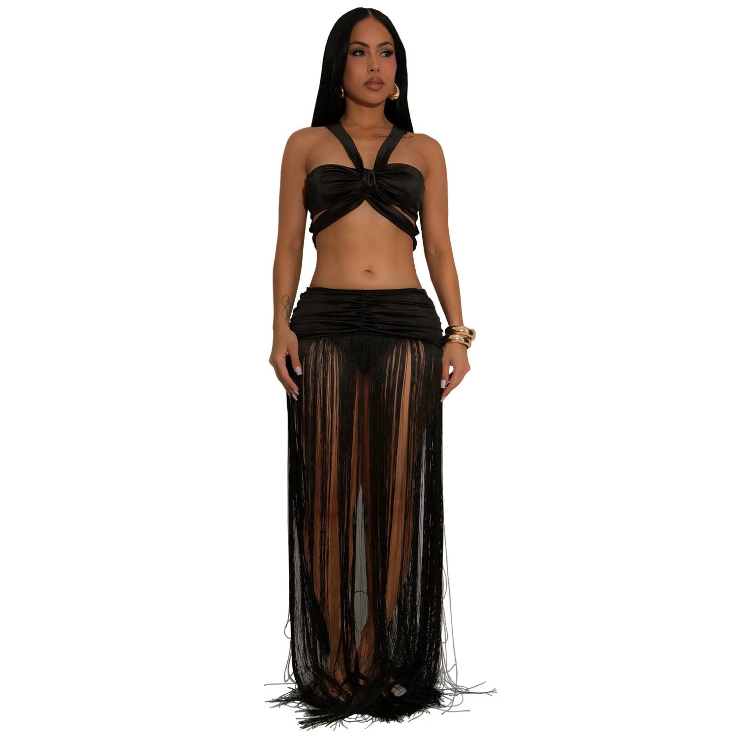 Sexy Shoulder Strap Top Tassel Skirt Two-piece Set