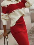 Two-Tone Ribbed Knit Sweater Set