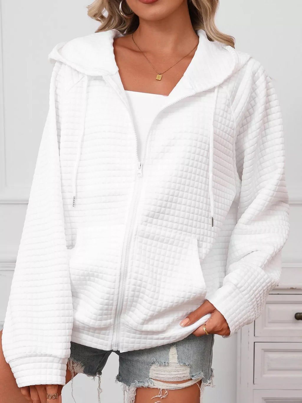 White Quilted Zip-Up Hooded Jacket with Drawstring