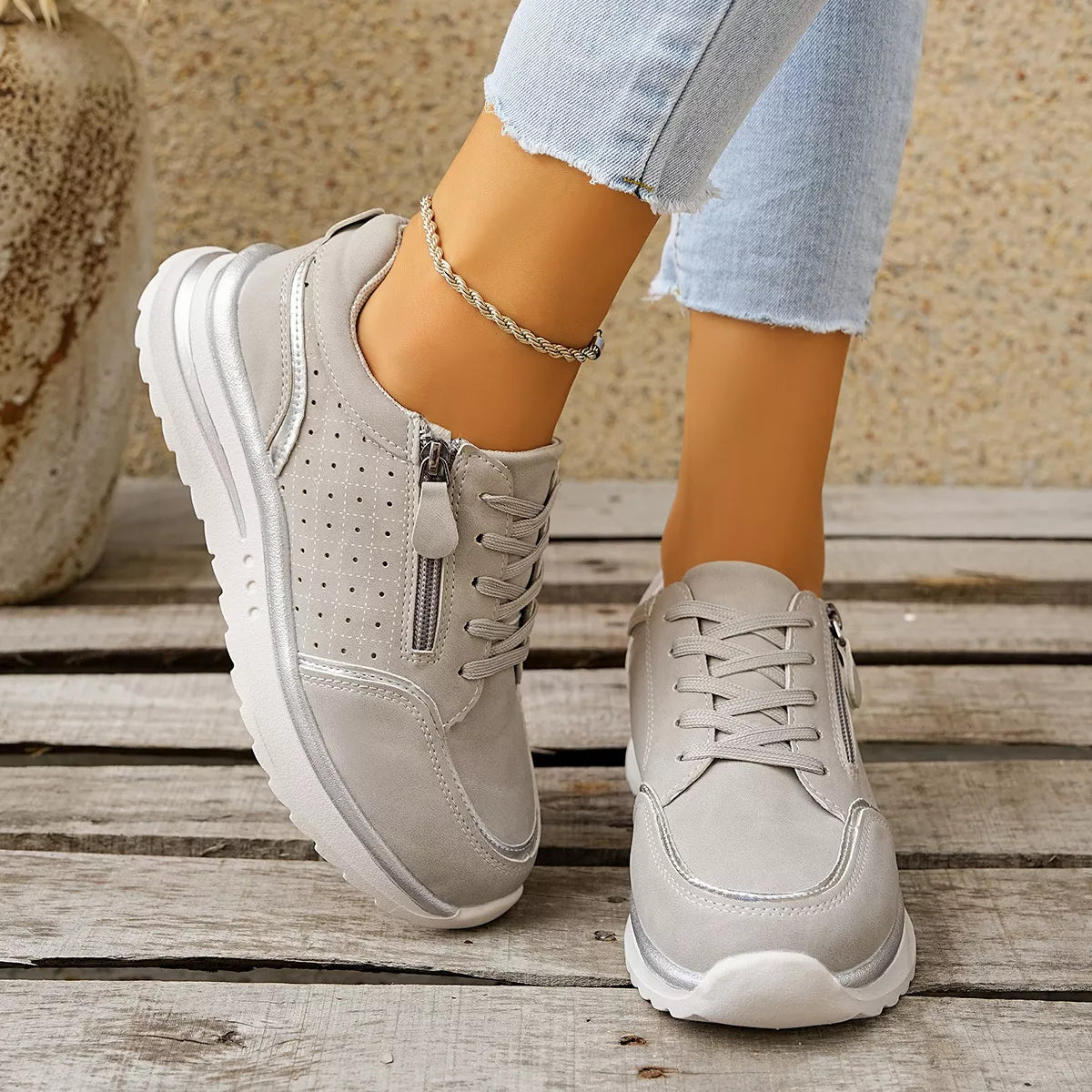 Women's Casual Round Toe Lace Up Sneakers with Side Zipper Detail