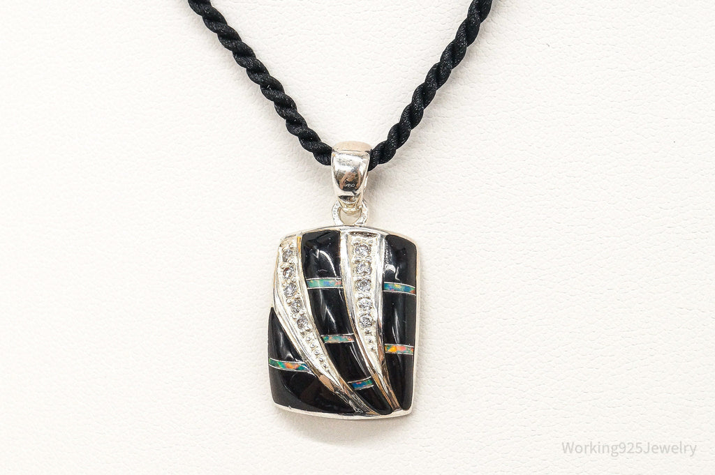 Vintage ROX Opal Cubic Zirconia Black Onyx Sterling Silver Necklace