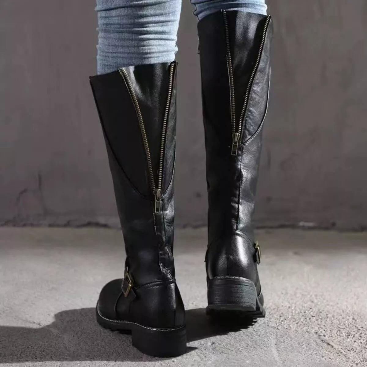 Women's Round Toe Knee High Buckle Boots Low Heel Fashion