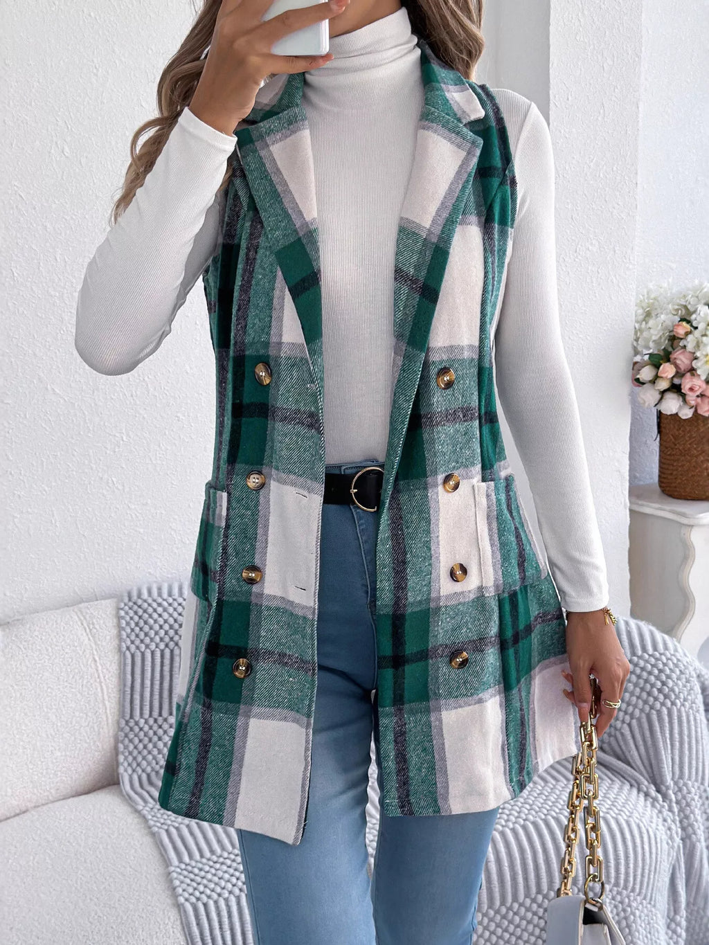 Women's Plaid Double-Breasted Vest Coat in Camel and White