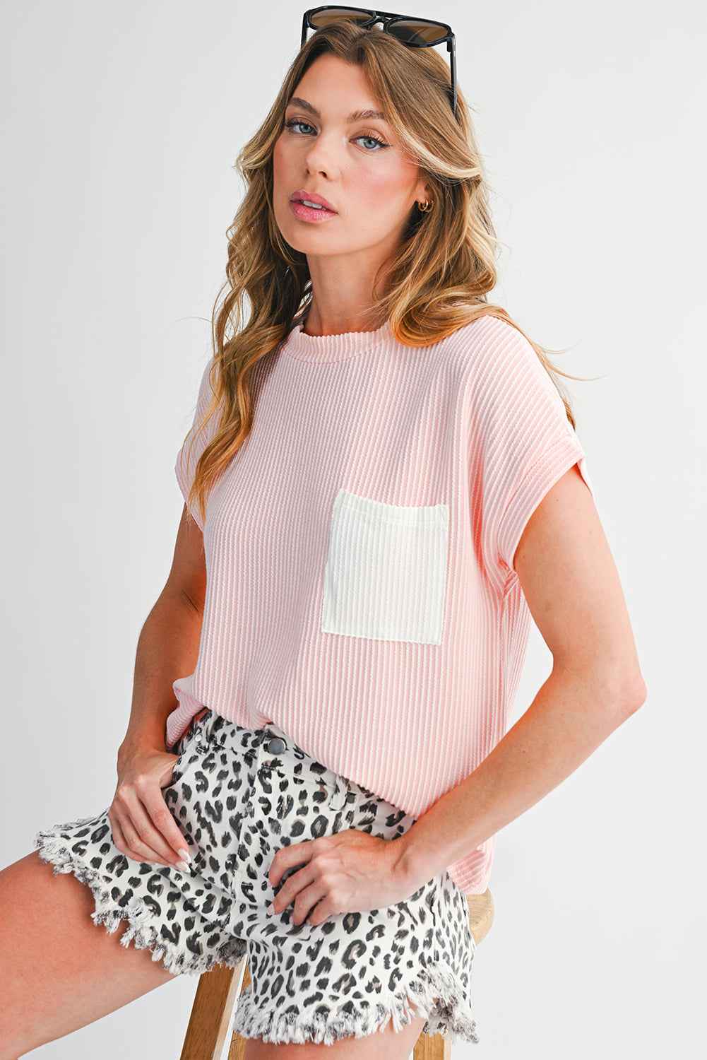 Light Blue Corded Color block Pocket Crew Neck Women's T-Shirt