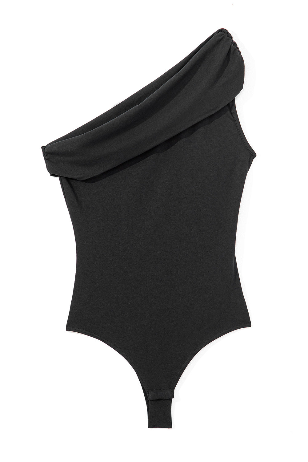 Black Solid Color Pleated One Shoulder Bodysuit Women's Top