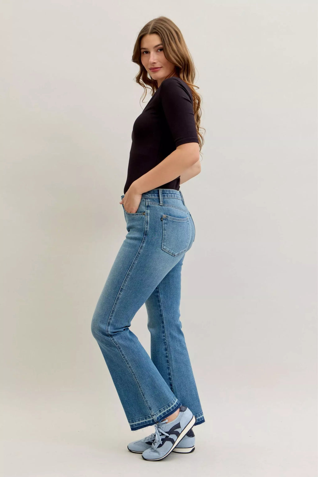 Judy Blue Plus Size Jeans Mid Rise Slim Bootcut Tummy Control Release Hem For Curvy Women
