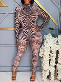 Zebra Print Long Sleeve Bodycon Jumpsuit with Front Zip