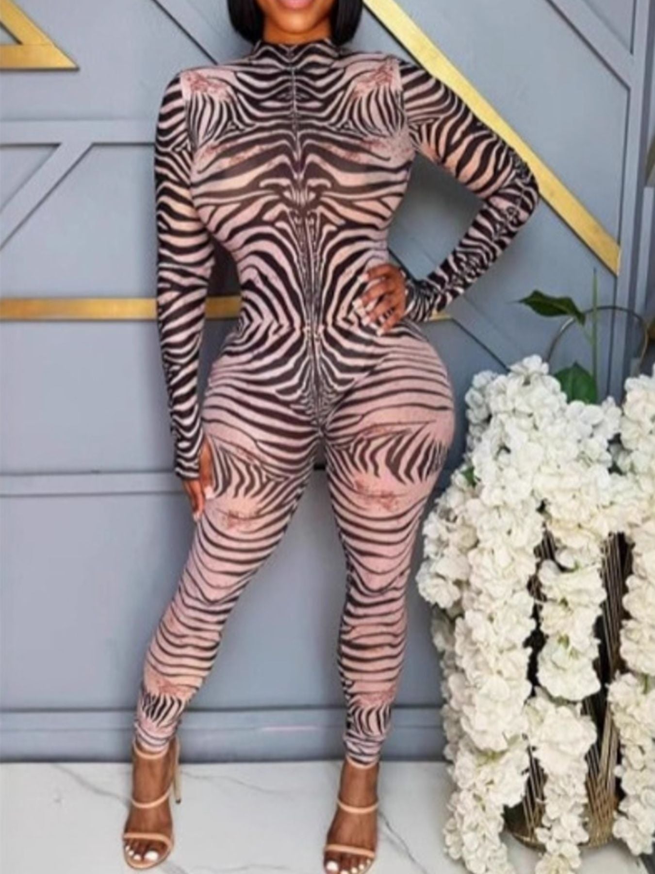 Zebra Print Long Sleeve Bodycon Jumpsuit with Front Zip