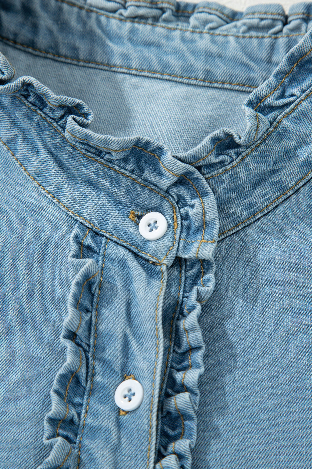 Myosotis Frilled Detail Button Down Ruffle Short Sleeve Denim Mini Dress