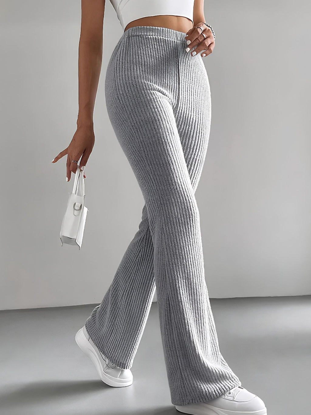 Women's High Waist Ribbed Knit Flare Pants Comfortable Casual