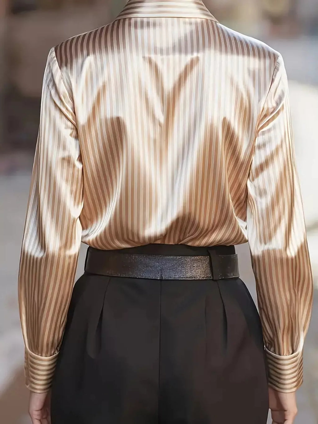 Women's Satin Striped Long Sleeve Button-Down Shirt