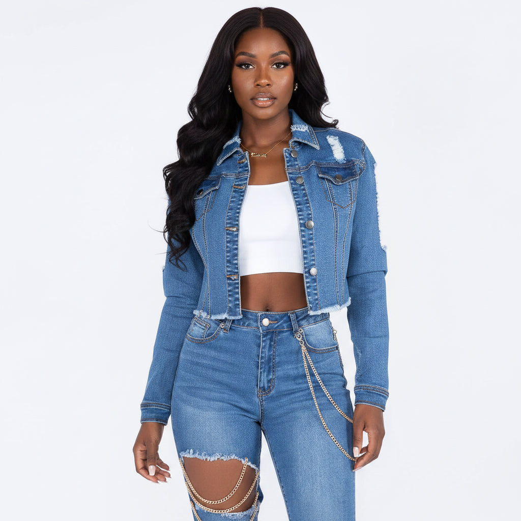 Chain Link Distressed Cropped  Jacket