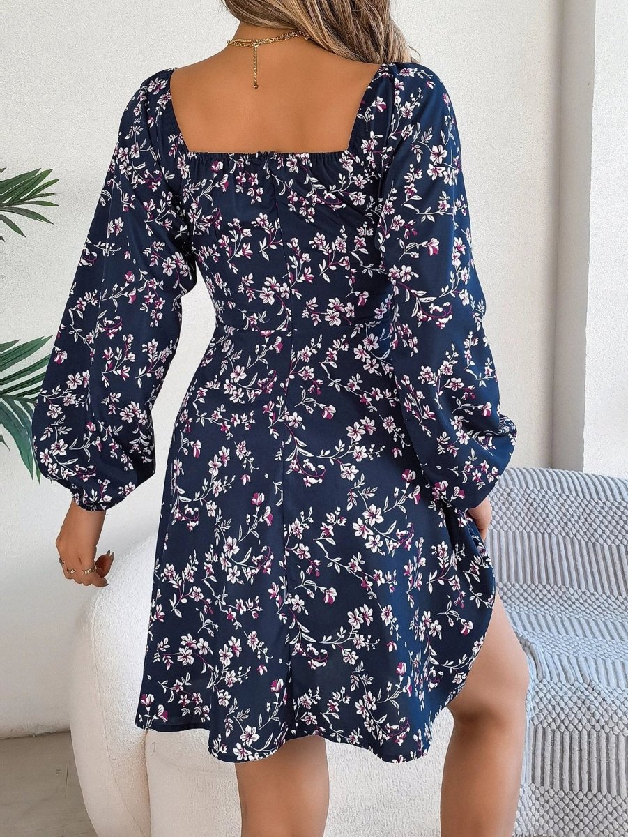 Mandotos Floral Print Lantern Sleeve Dress Red Tie Square Neck A Line Long Sleeve
