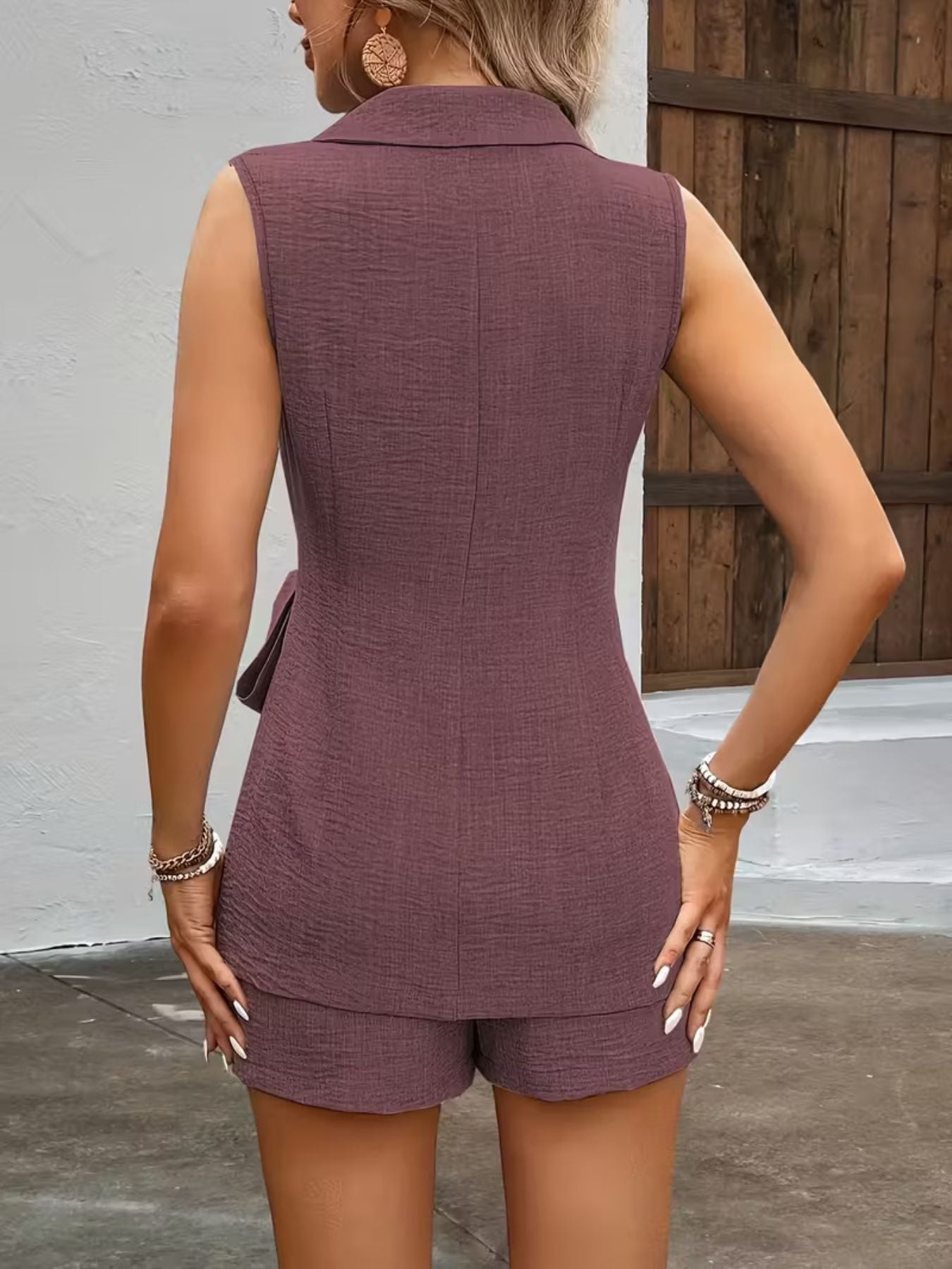 Women Sleeveless Blazer and Shorts Set with Tie Waist Detail