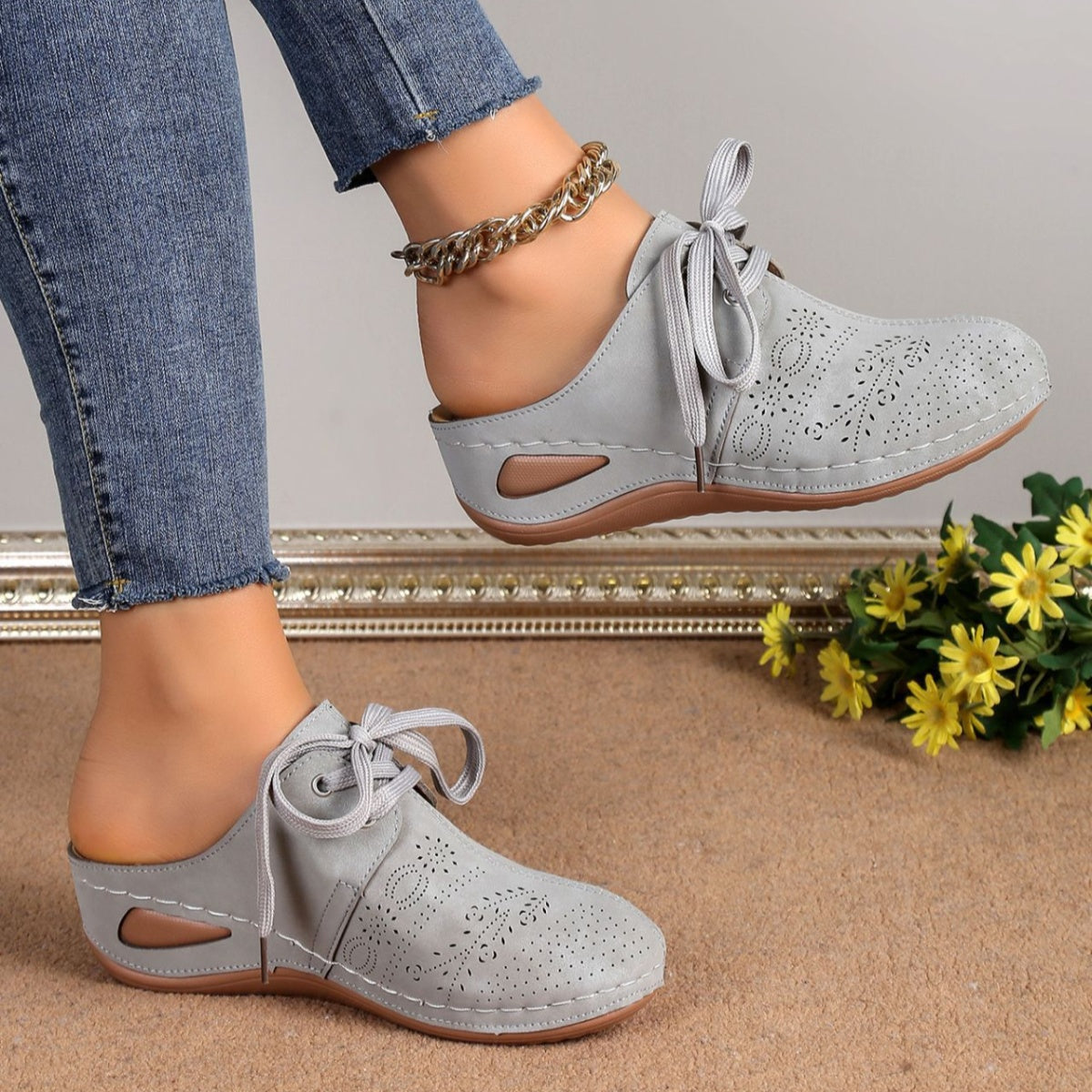 Women's Black Lace-Up Slip-On Mules Casual Comfort Wedge Shoes