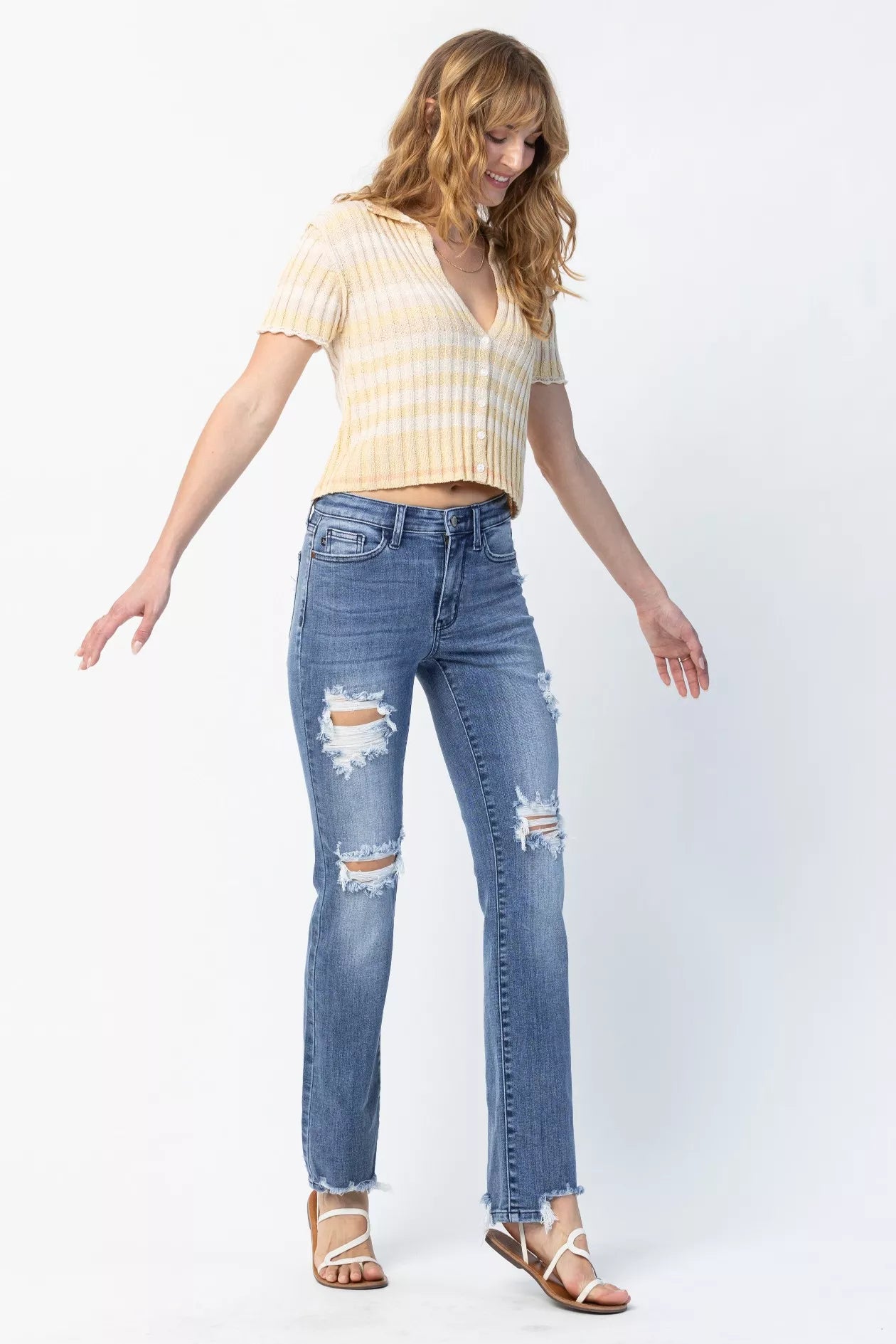 Judy Blue Plus Size Mid Rise Destroyed Straight Jeans Distressed Everyday Look For Women