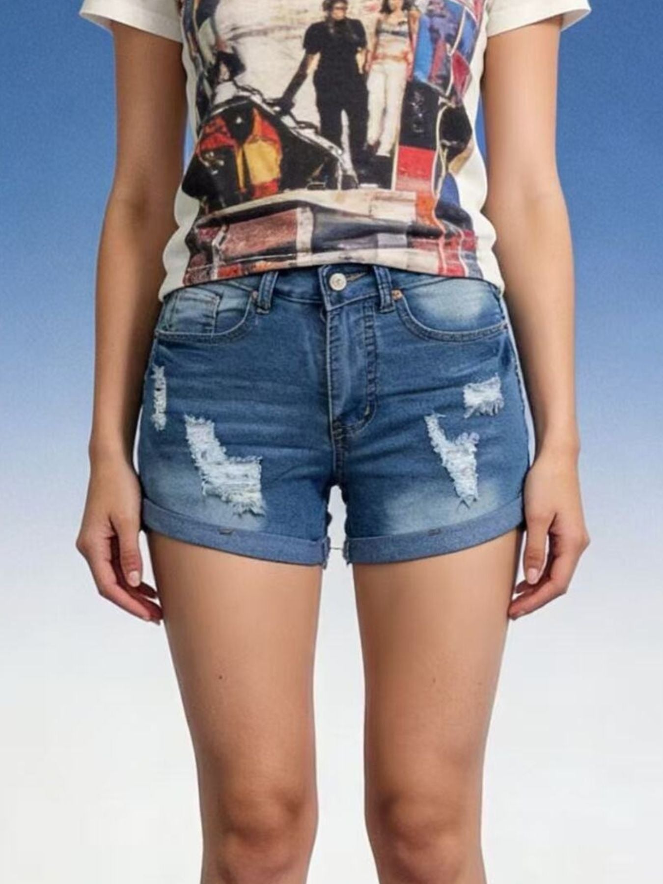 Women's Distressed Wash Denim Shorts with Cuffed Hem Details