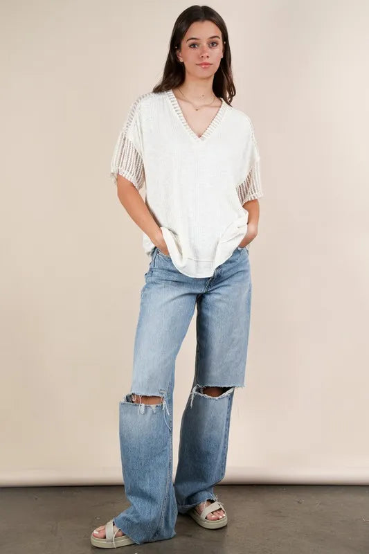 VERY J Full Size Oversized Contrast Knit Comfy Casual Top Plus Size