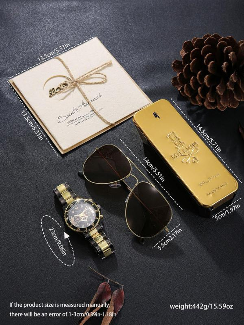 5Pcs Watch Set, Cool Stainless Steel Quartz Watch + Perfume + Decorative Glasses, Multiple Colors Available, Perfect Birthday Gift