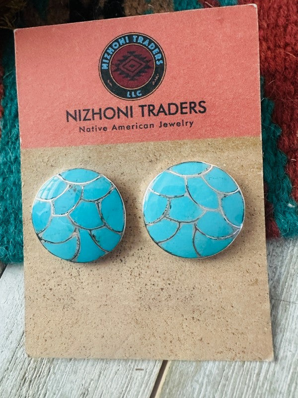 Zuni Turquoise & Sterling Silver Inlay Post Earrin