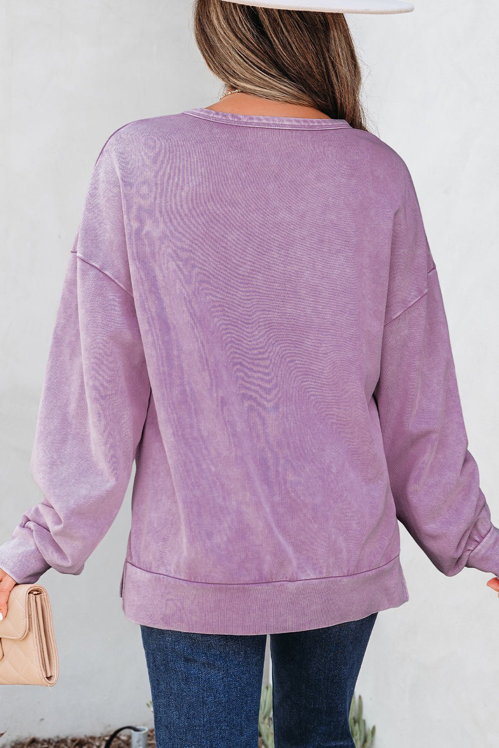 Light French Beige Mineral Wash Big Bow Patchwork Pullover Women's Sweatshirt