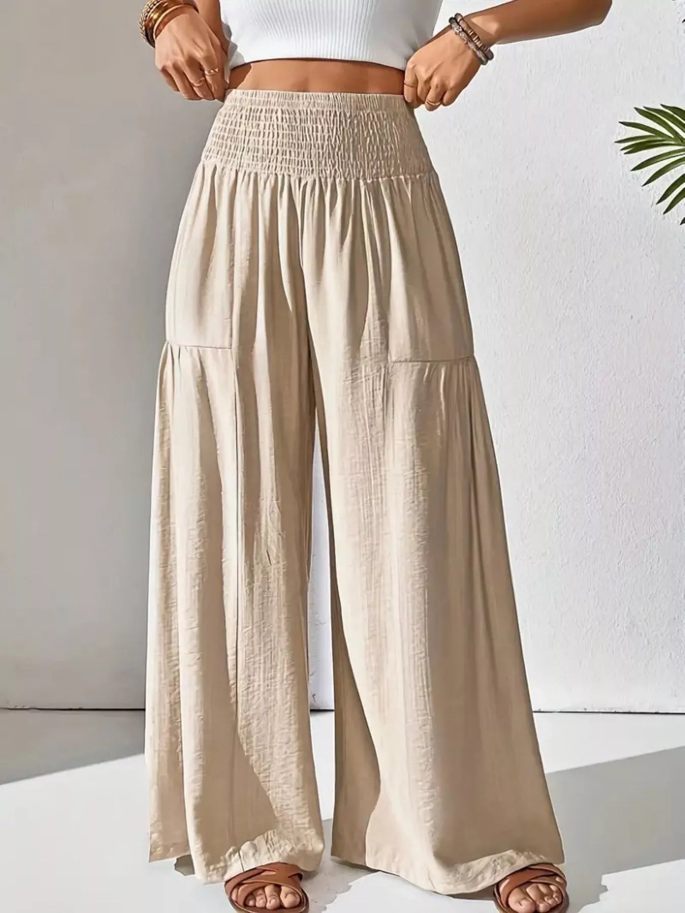 Women's Khaki Smocked Waist Wide Leg Flowy Casual Pants