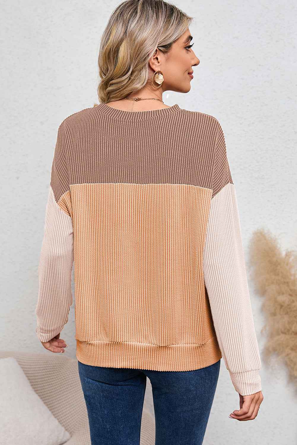 Color Block Ribbed Women's Top - Khaki Long Sleeve Loose Fit