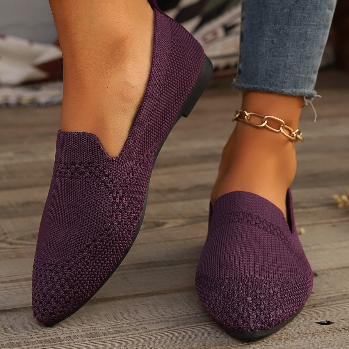 Women's Black Pointed-Toe Mesh Slip-On Flats Breathable Shoes