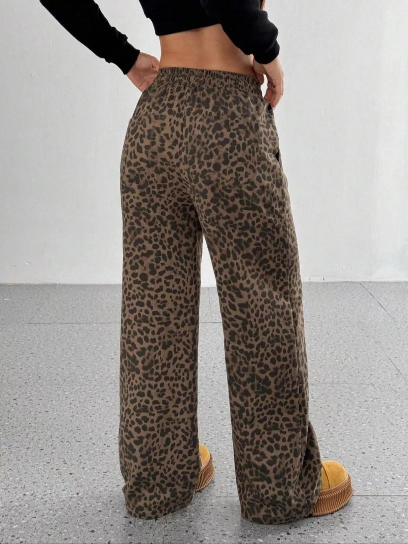Women's Leopard Print Drawstring Wide Leg Pants Comfy Casual