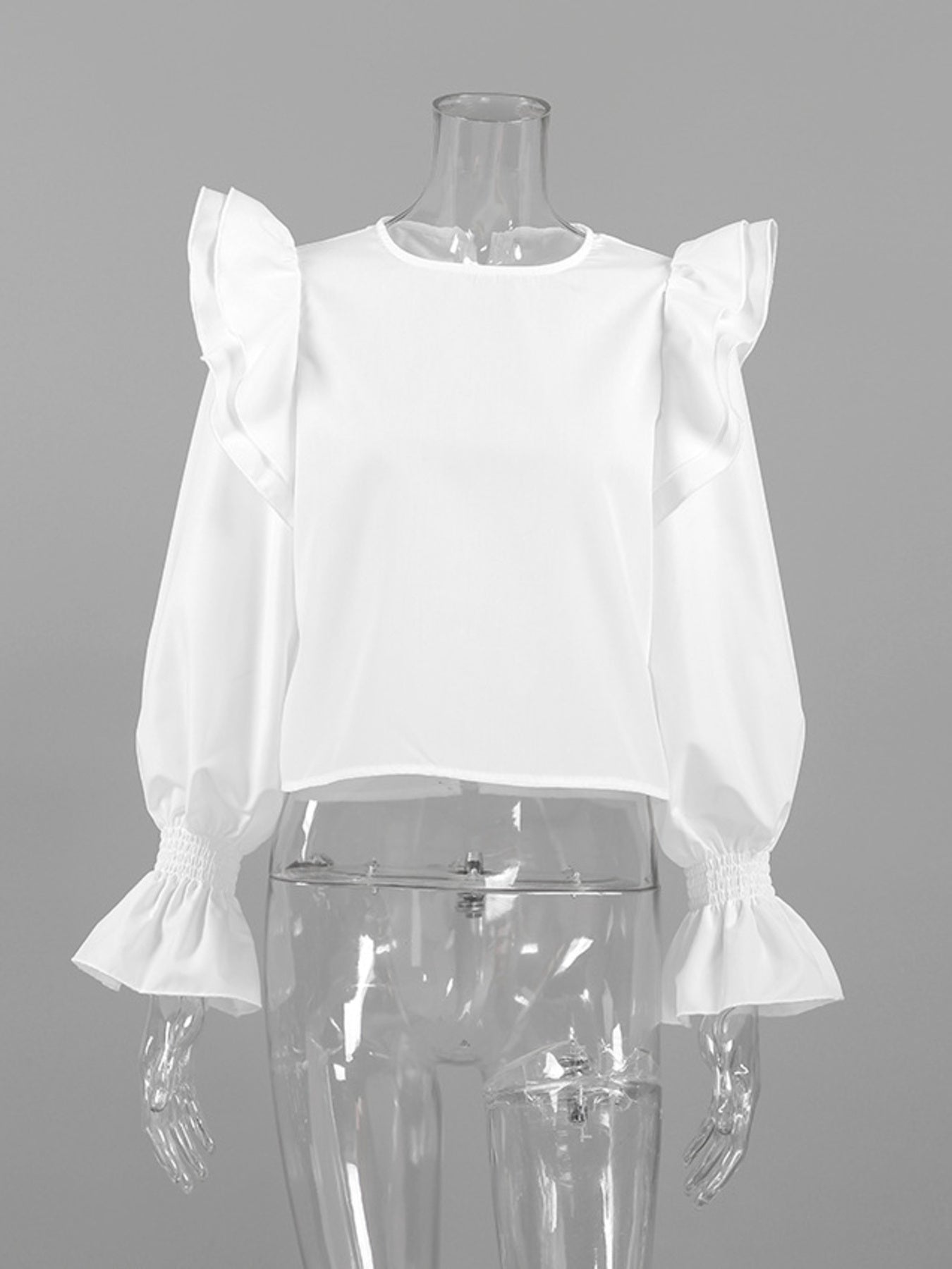 Women's White Ruffle Trim Long Sleeve Blouse with Tied Back