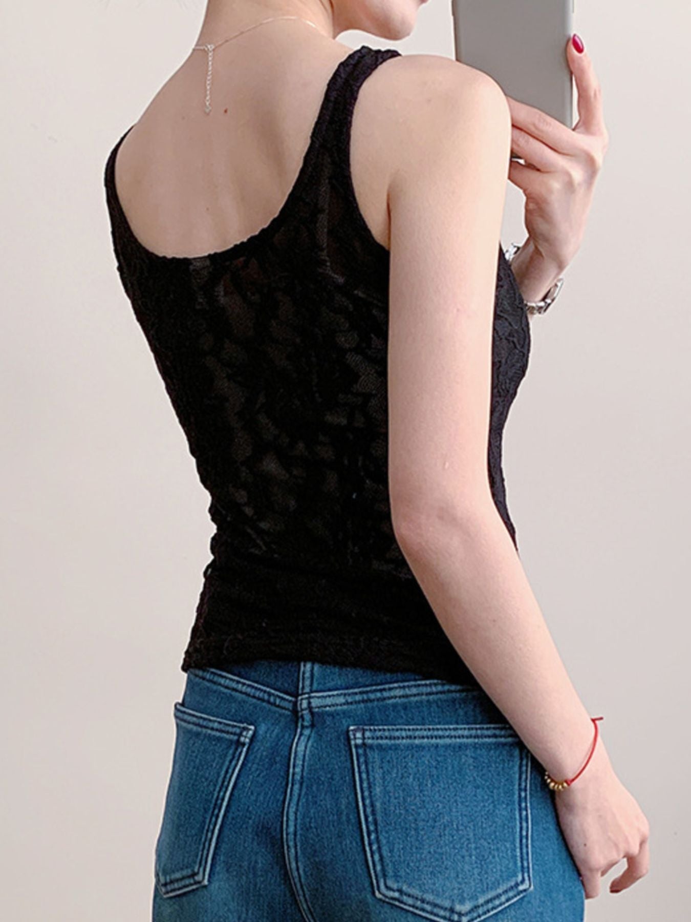 Women's Sheer Floral Lace Round Neck Tank Top in Ivory