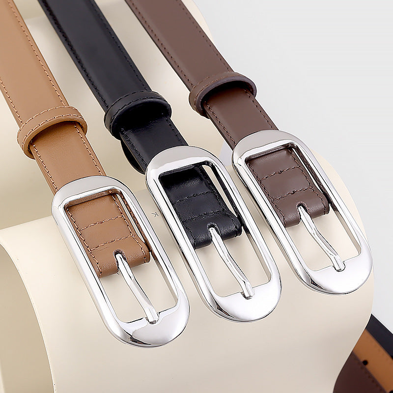 Women's Leather Skinny Belt with Buckle – Classic Neutral