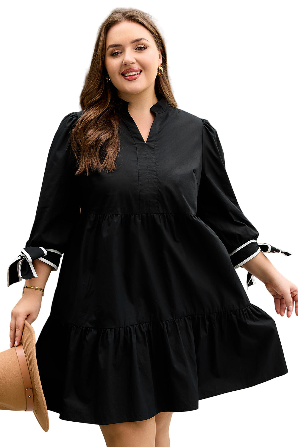 Black Contrast Trim Knot Cuffs Plus Size V Neck Mini Dress