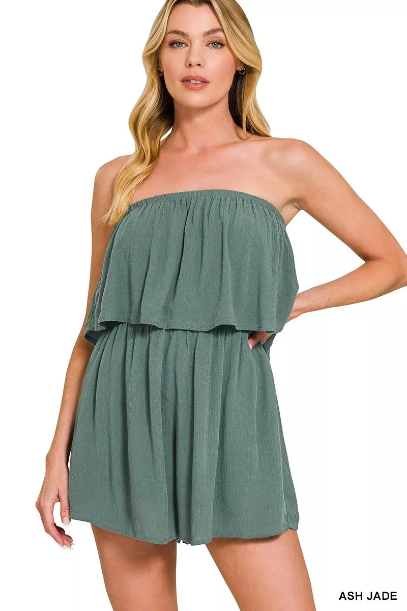 Woven Crinkle Strapless Romper in Ash Jade Boho Summer Style
