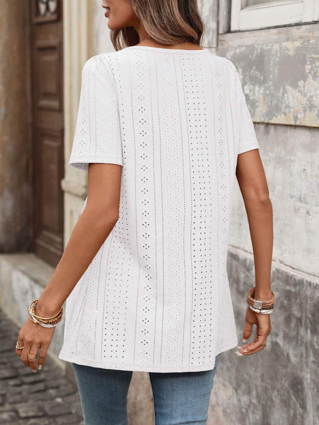 Women's Eyelet Square Neck Short Sleeve Ruched Peplum Top