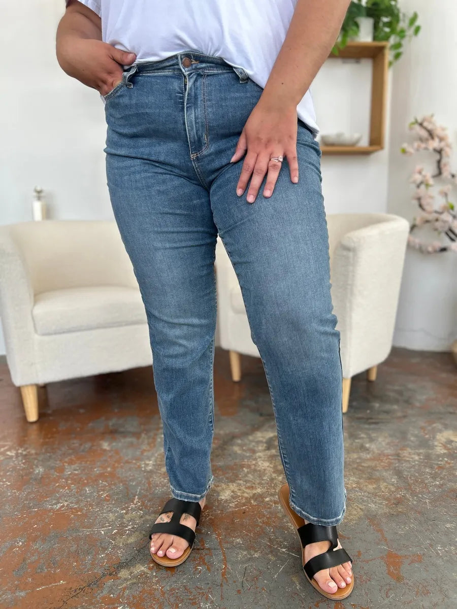 High Waist Straight Leg Jeans – Medium Denim
