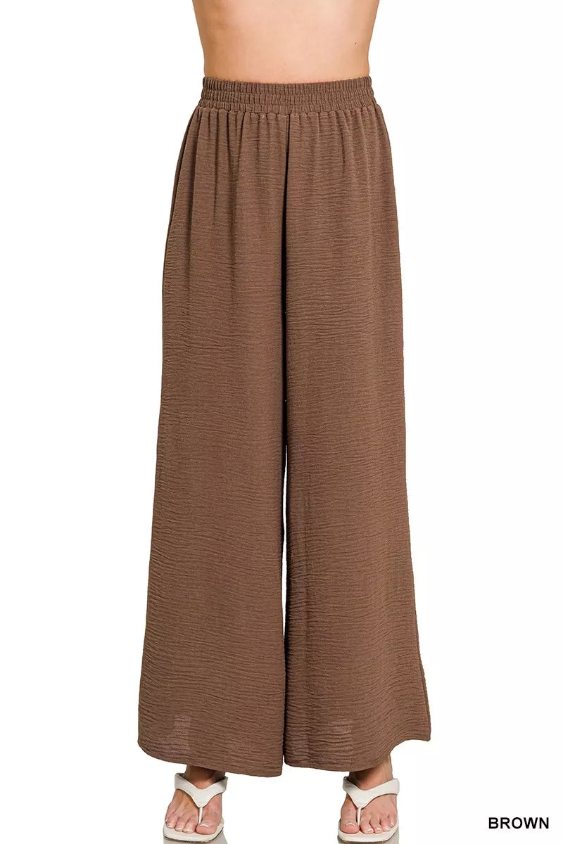 Women's Brown Airflow Wide Leg Pants with Elastic Waistband
