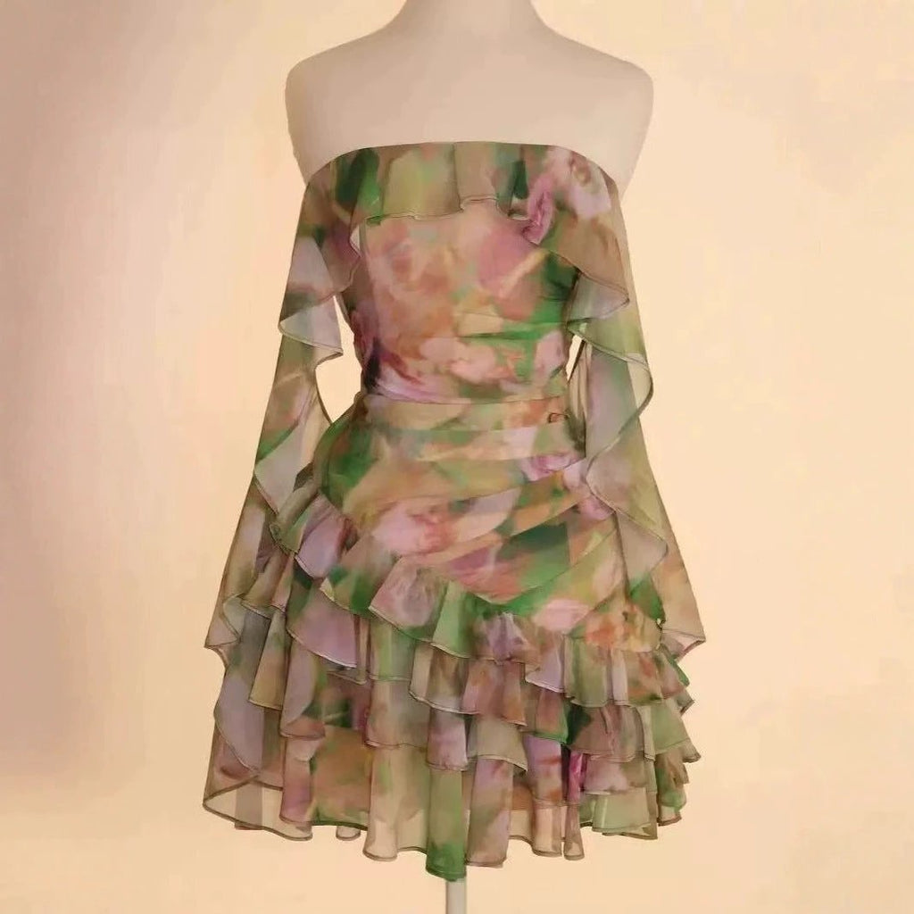 Chiffon Printed Ruffles Tube Dress