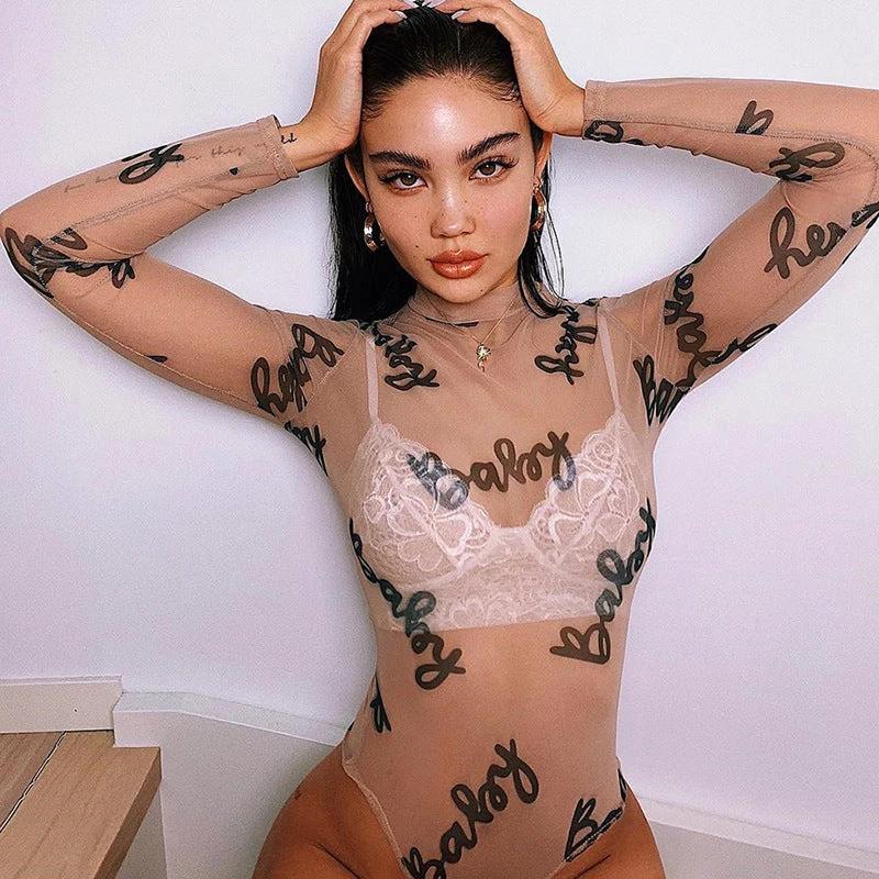 Women's Personalized Mesh Long-sleeved Bodysuit