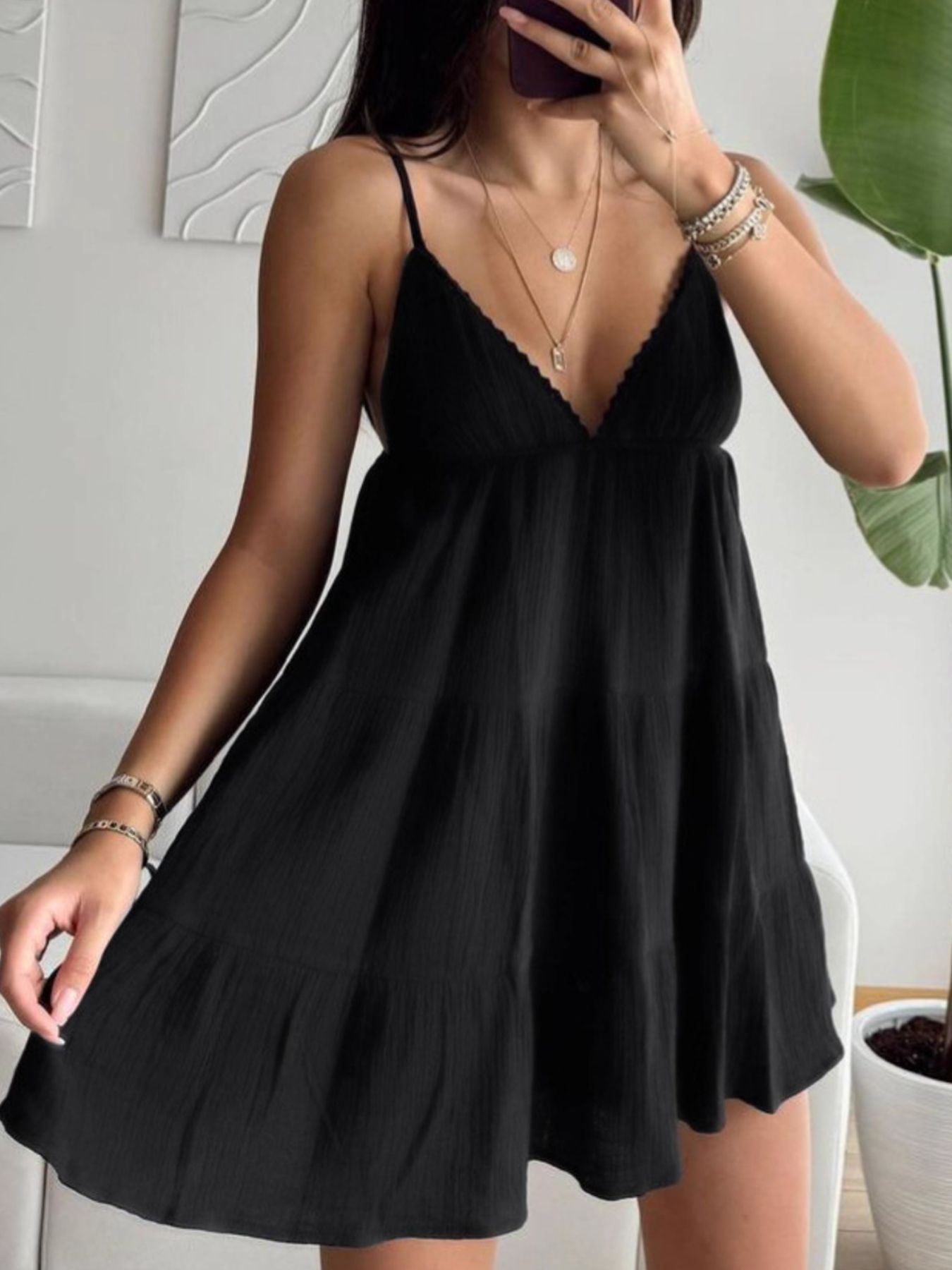White V-Neck Tiered Mini Dress Sleeveless Cotton Summer Dress