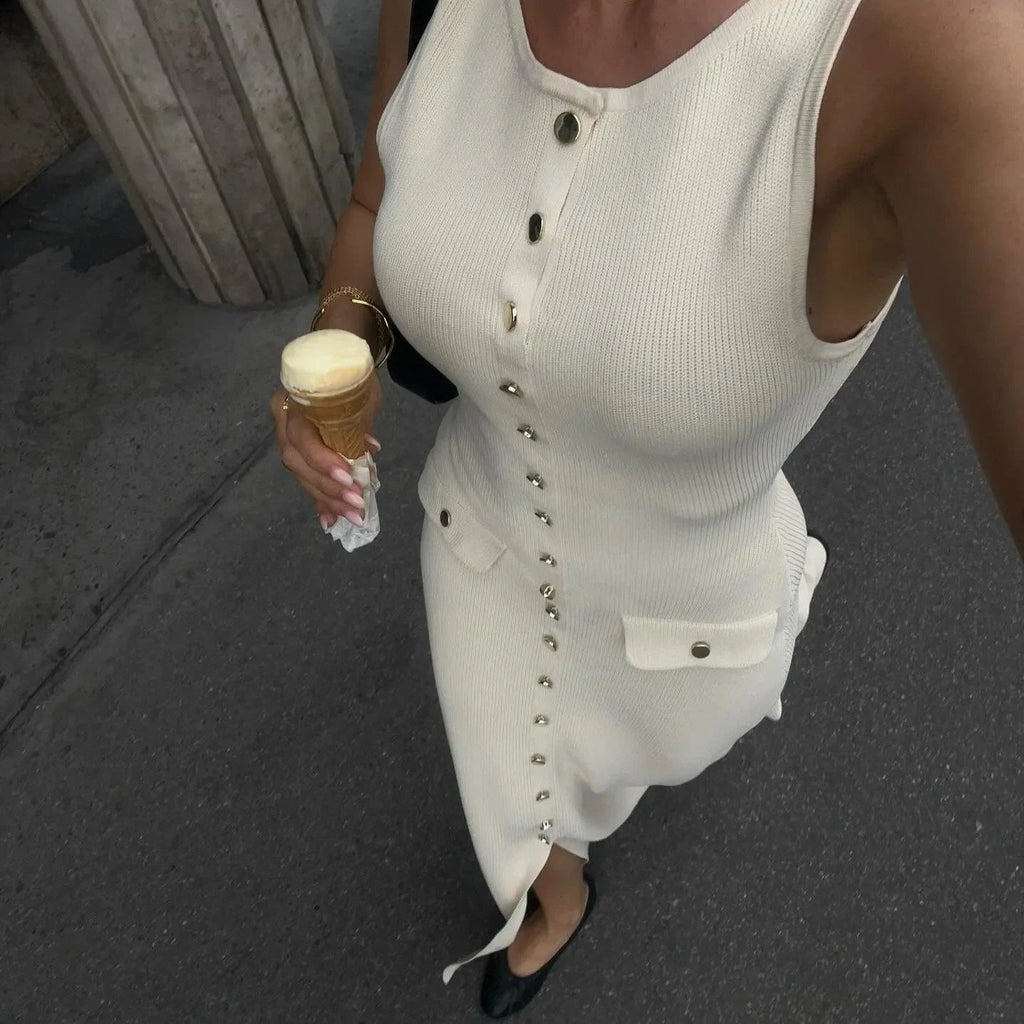 Albion Sleeveless Buttoned White Maxi Dress