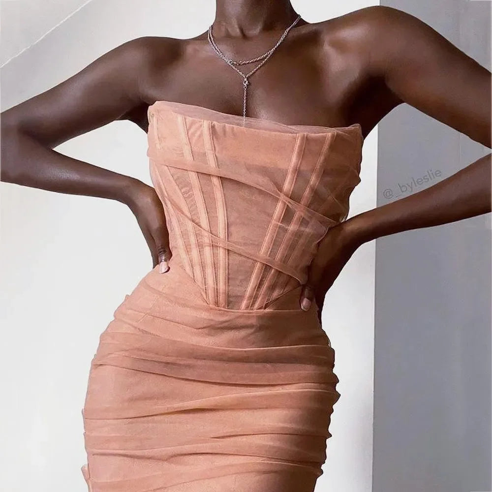 All Your Attention Pink Strapless Corset Midi Dress