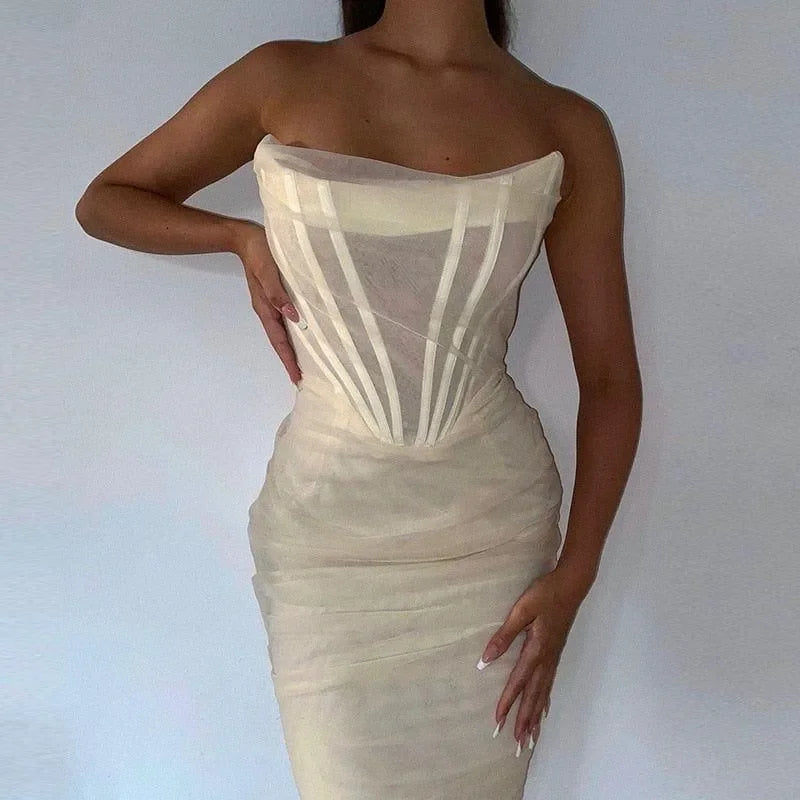 All Your Attention Ivory Strapless Corset Midi Dress