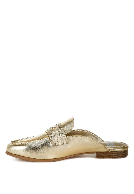 Size US 10 Gold Stud Detail Metallic Pleather Mules