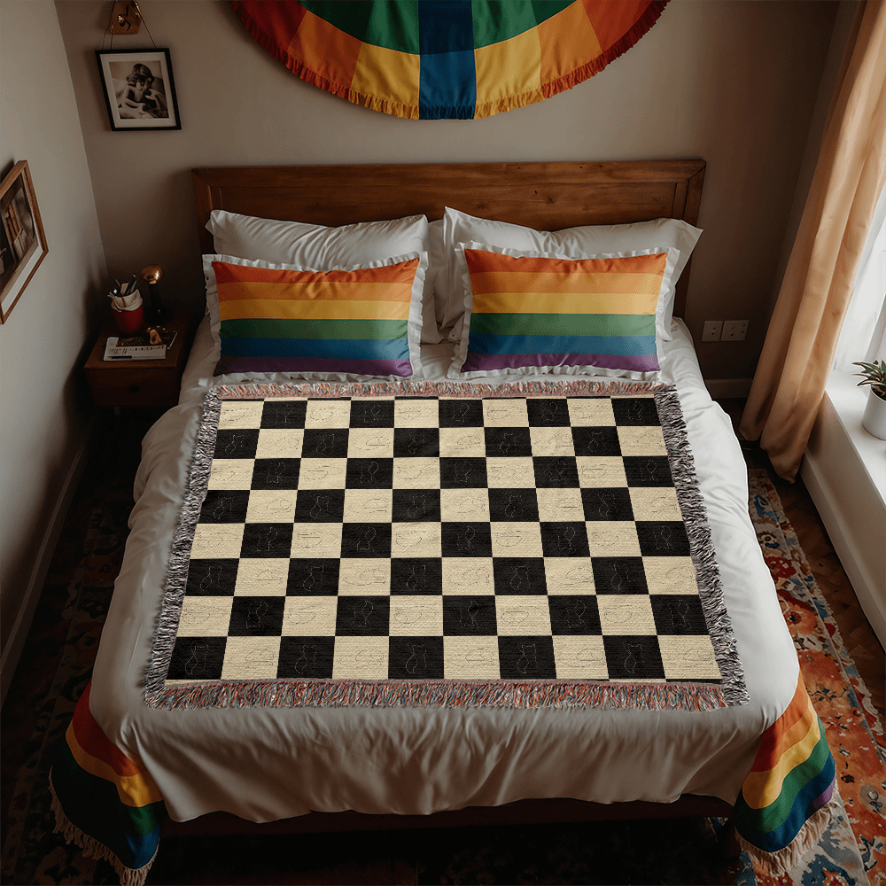 Checked Feline Woven Blanket – Gold & Black Cat Outline Throw